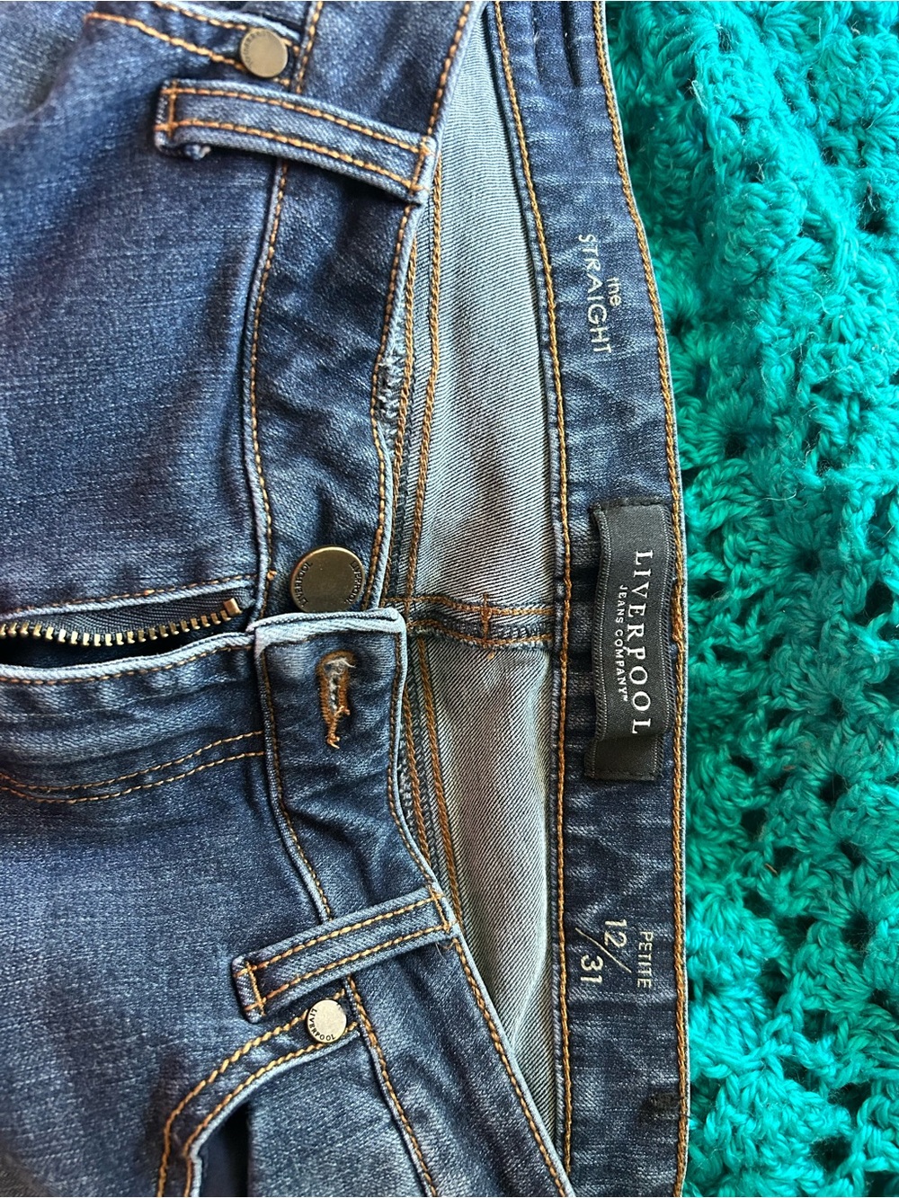 Liverpool Dark Indigo Straight Jeans with Tan Stitching